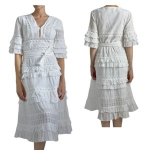 Aqua White Cotton Ruffled Midi Dress, Size M